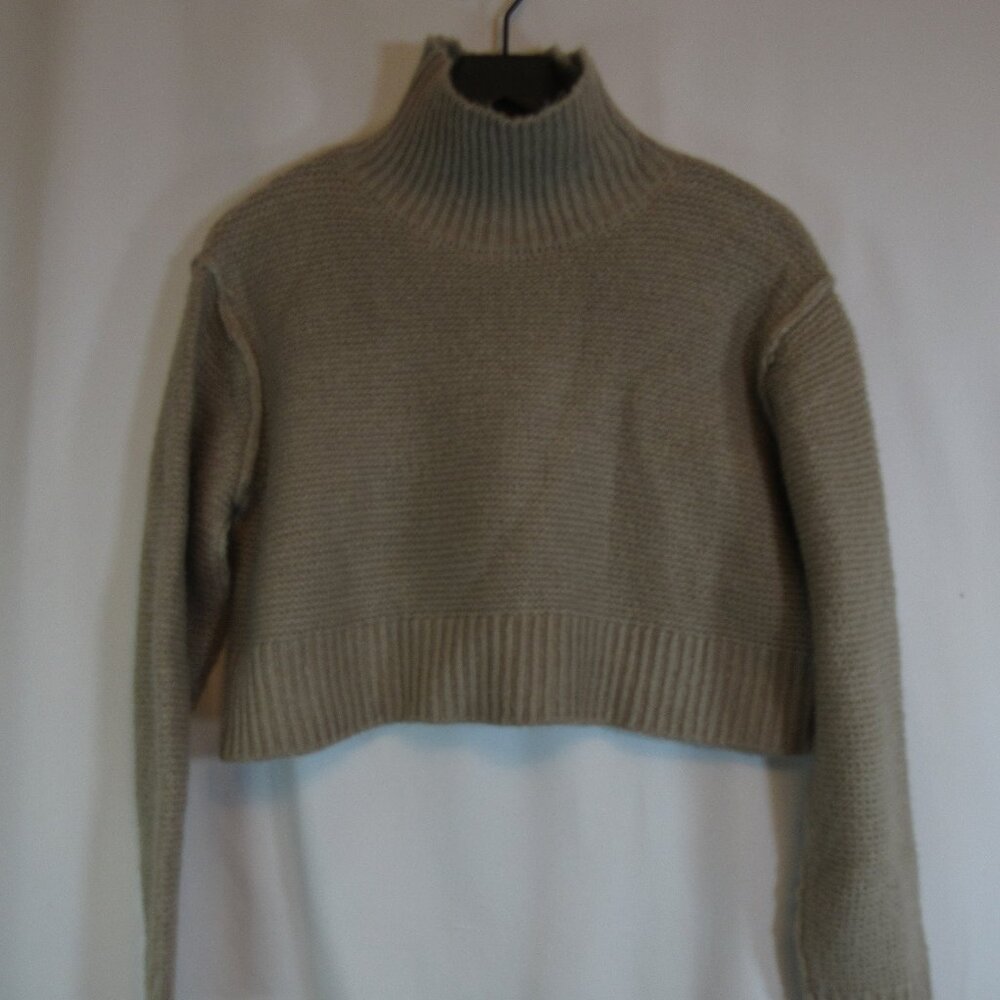 Elodie Tan Oatmeal Chunky Knit Ribbed Cropped Turtle Mock Neck Sweater M NWT